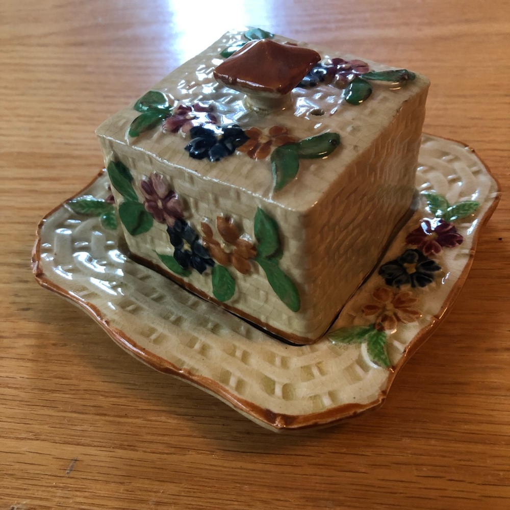 Antique Covered Butter Cheese Dish with Basket Weave Floral